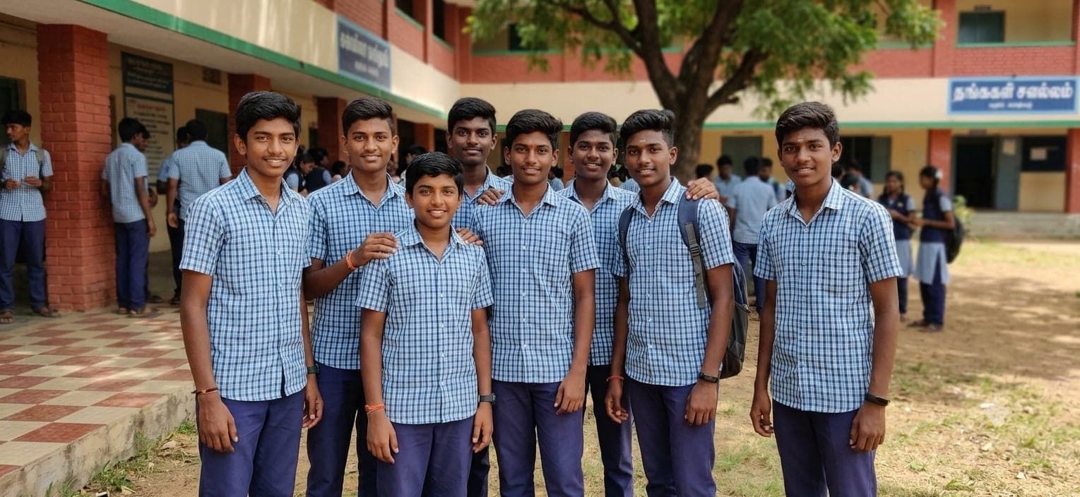 Eight boys in the school uniform of blue check shirts and navy trousers standing together in the courtyard, arms across one another’s shoulders, with the classroom blocks and a shade tree behind them